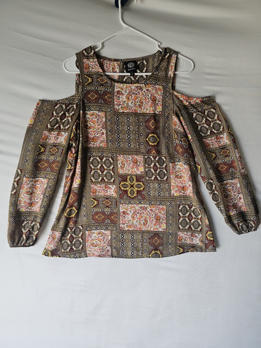 Bobeau Patchwork Cold Shoulder Blouse - Size Small